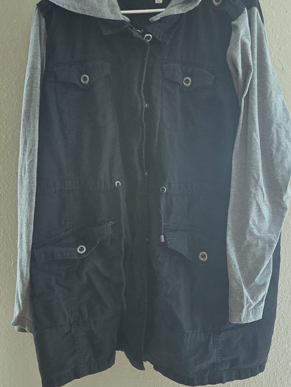 torrid Black Military-Style Coat with Gray Hooded Sleeves